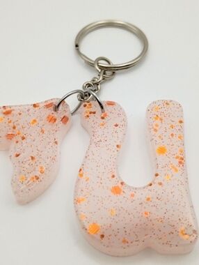Handmade Resin Letter U Keychain White Orange Glitter Mermaid Tail Initial Charm